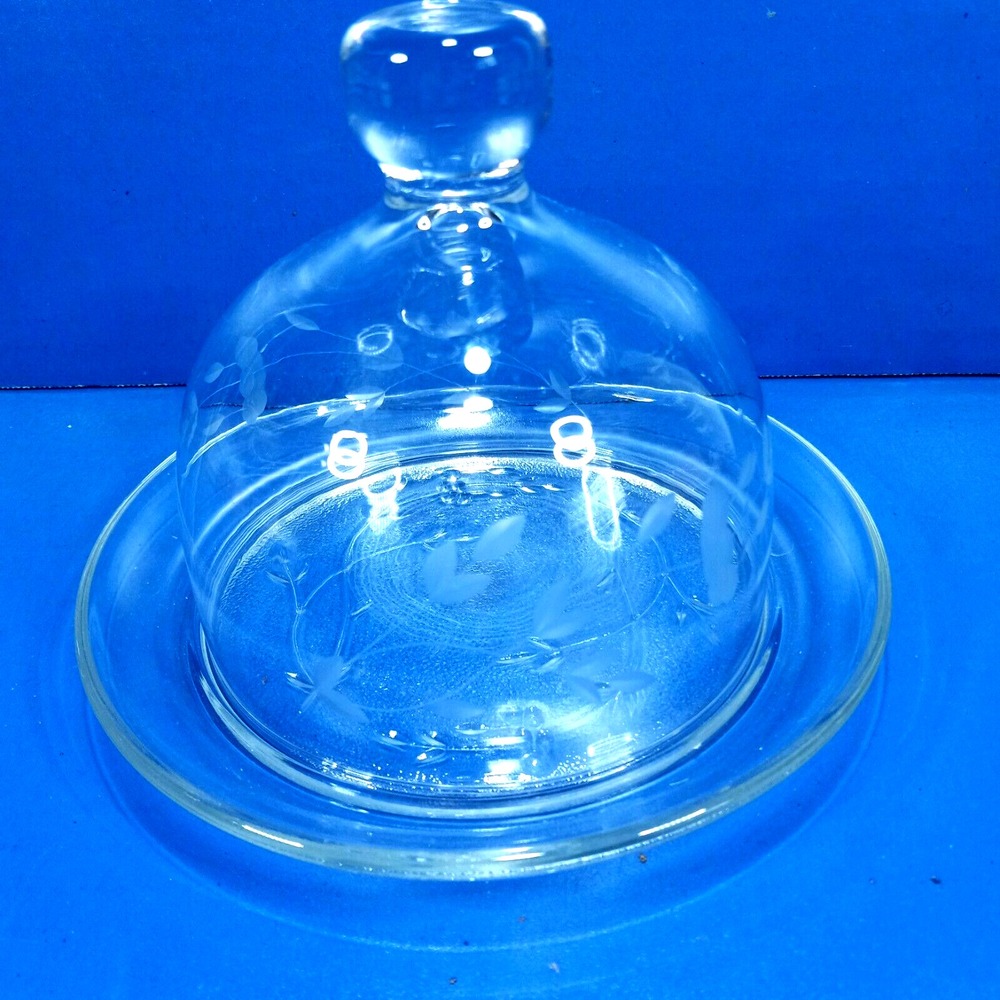 Princess House Round Butter Dish / Cheese Dome Heritage Pattern Crystal Etched